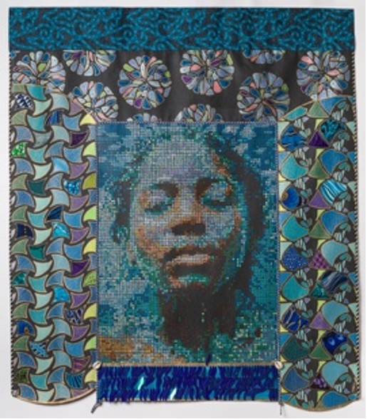 The Tide Inside Her by Beatrice Lebreton — Acrylic, fabric paint, African wax fabric, beads, cowrie shells, sequins