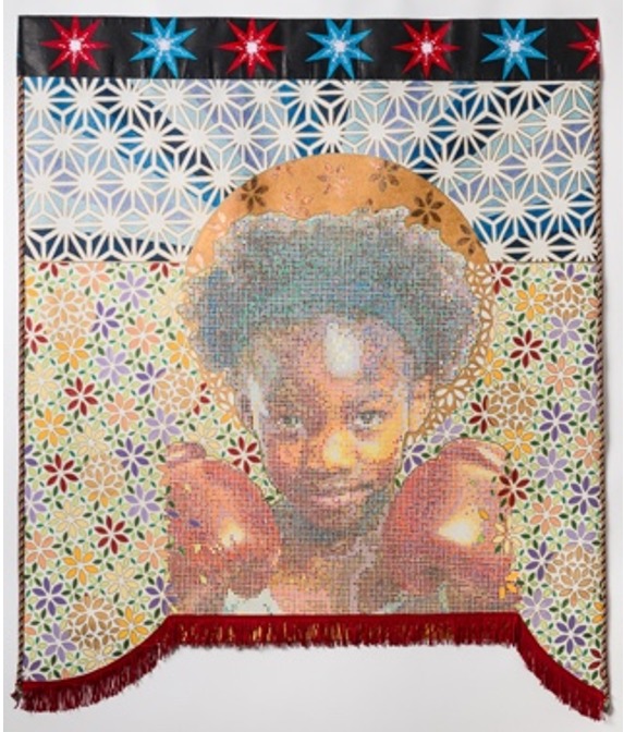 The Peaceful Warrior by Beatrice Lebreton — Acrylic, gold leaf, African wax fabric, fringe