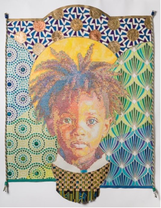 Unapologetically Me by Beatrice Lebreton — Acrylic, gold leaf, African wax fabric, embroidery thread