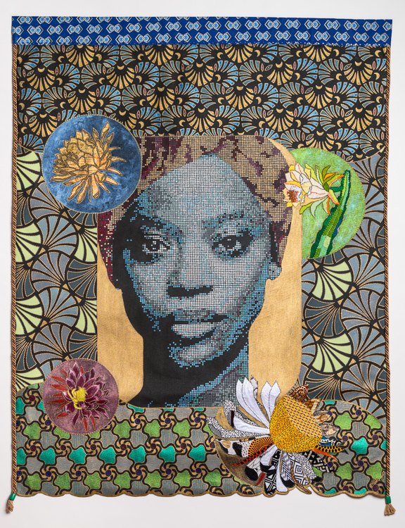 Night Blooming Cereus by Beatrice Lebreton — Acrylic paint, African fabric, gold leaf, beads, embroidery, gold marker, fabric paint