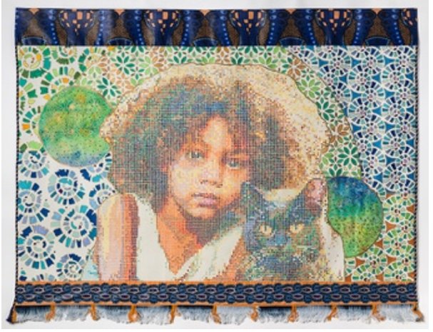 I Shall Keep the Magic Alive by Beatrice Lebreton — Acrylic, fabric fringe, African wax fabric, beads
