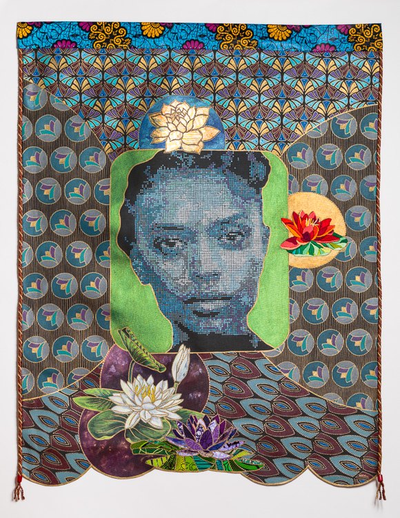 Nymphaea/ Water Lily by Beatrice Lebreton — Acrylic paint, African fabric, gold leaf, beads, embroidery, gold marker, fabric paint