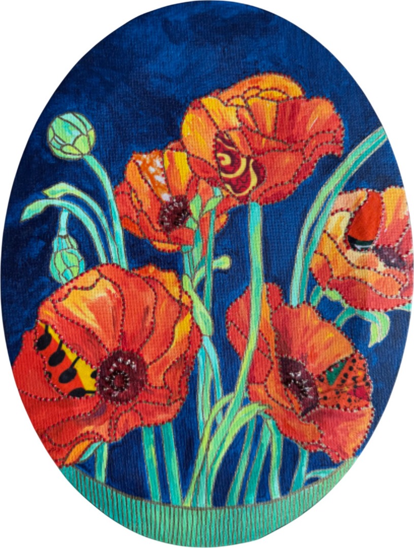 Poppies by Beatrice Lebreton — Acrylic, fabric paint, African wax fabric, beads