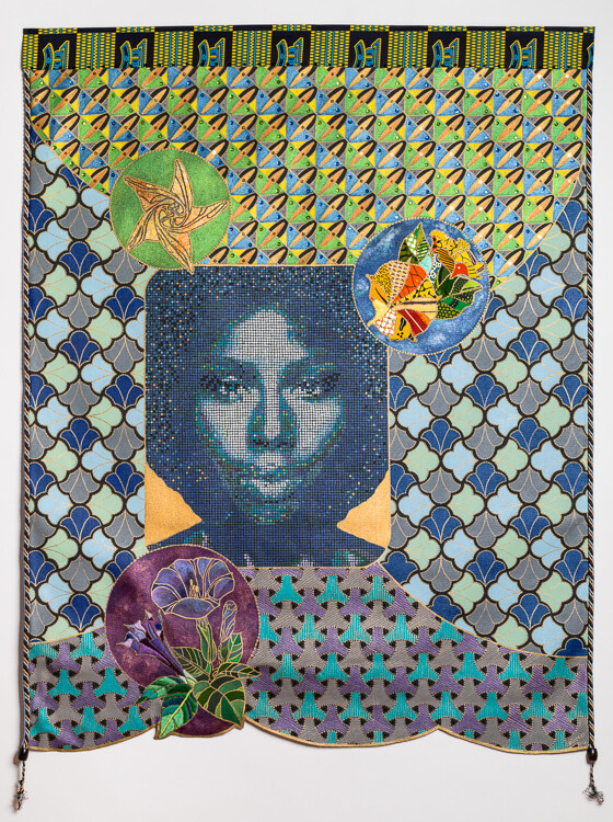 Moonflower/ Belle de nuit by Beatrice Lebreton — Acrylic paint, African fabric, gold leaf, beads, embroidery, gold marker, fabric paint