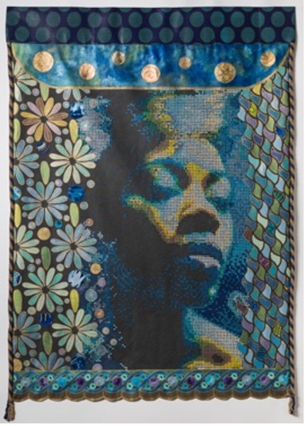 Empress of the Quiet Deep by Beatrice Lebreton — Acrylic, fabric paint, African wax fabric, beads, embroidery thread