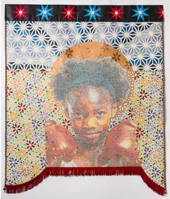 The Peaceful Warrior by Beatrice Lebreton — Acrylic, gold leaf, African wax fabric, fringe