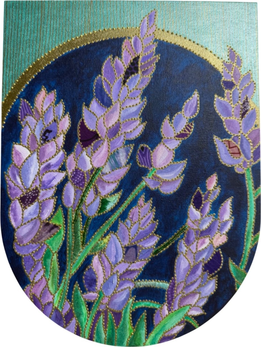 Lavender by Beatrice Lebreton — Acrylic, fabric paint, African wax fabric, beads, embroidery thread