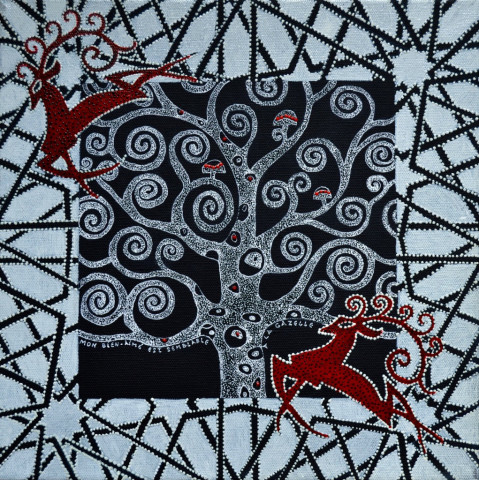 Artwork by Beatrice Lebreton depicting a tree with two red deer.