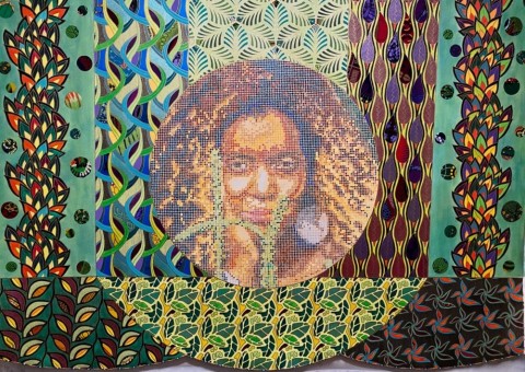 Artwork by Beatrice Lebreton depicting a womans face against a mixed media pattern.