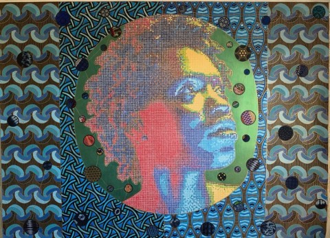 Artwork by Beatrice Lebreton depicting a mans head standing against a mixed media pattern.