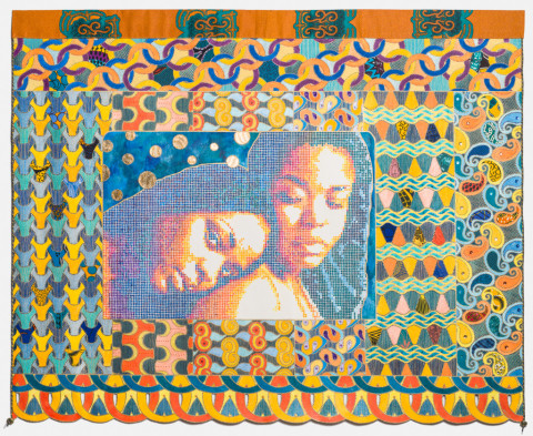 Artwork by Beatrice Lebreton depicting two women leaning against each other against a mixed media pattern.