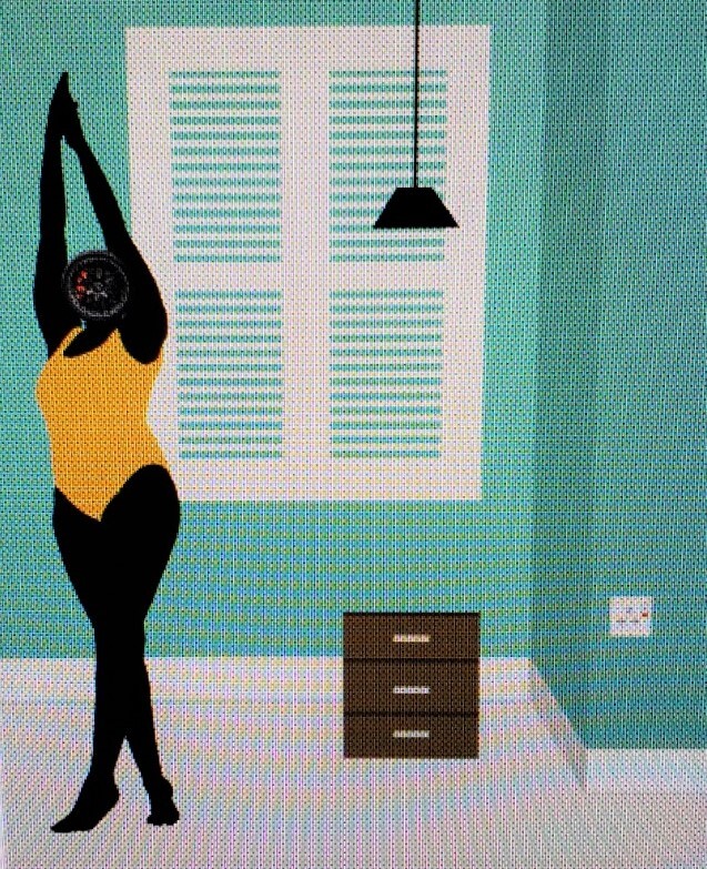 Digital Print artwork by Azuka Muoh depicting a woman in a yellow bathing suit stretching her arms above her head.