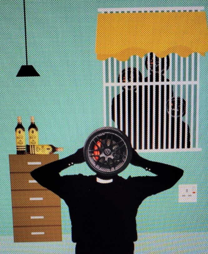 Digital Print artwork by Azuka Muoh depicting a person with hands on their head, their head being a car tire.