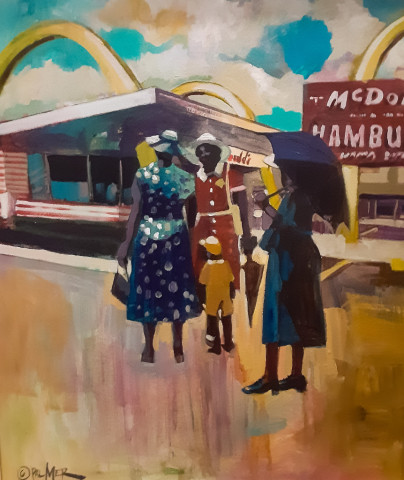 MacDonald's By Charly Palmer an Acrylic on Canvas that depicts three women and a child standing out front of McDonalds.