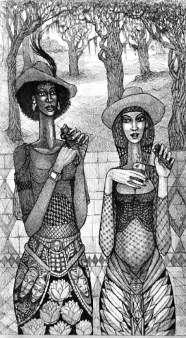 "Sweeties" by Hampton R. Olfus. An ink on illustration board depicting two women outdoors.
