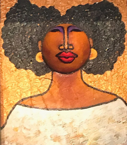 Painting of a woman with bright makeup, round earrings and natural hair by LaShun Beal, called X Factor.