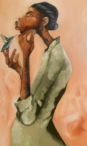 Joy Comes In The Morning by Tiffani Glenn is an oil on canvas art piece depicting a woman and a hummingbird.