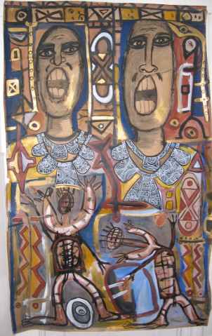 Traditional healers by Ibou Ndoye. An art piece depicting two figures for sale at Framed Art Gallery.