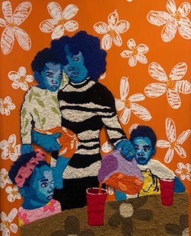 Morning Juice by Honey Pierre depicting a mother and young children with bright colors made with acrylic, oil pastel & yarn.